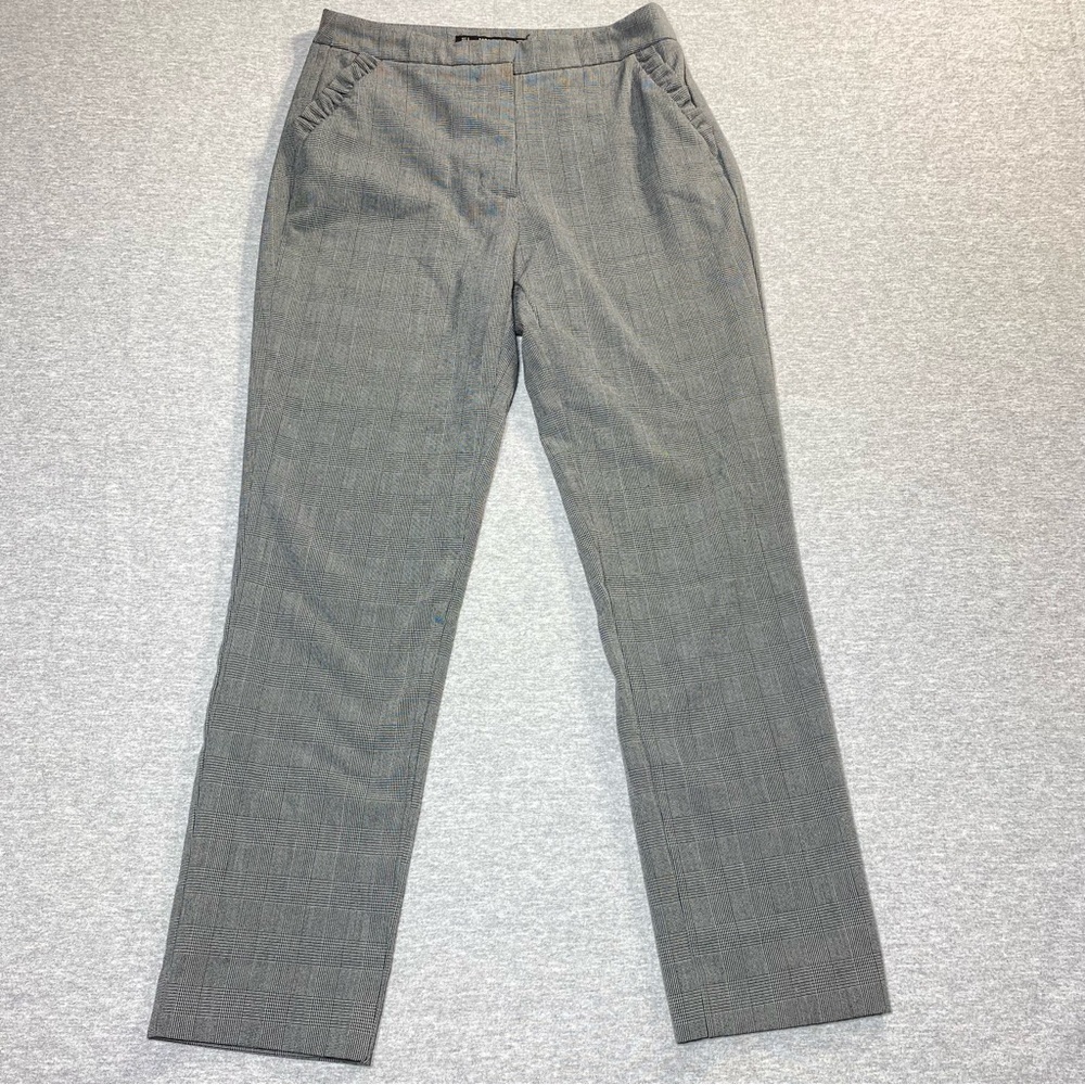 Zara Plaid Pants Women's S Gray Check Ruffle Mid Rise Straight Leg Trousers